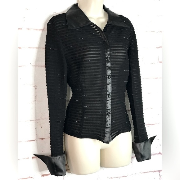 JS COLLECTIONS Evening Black Semi Sheer Satin French Cuff Beaded Blouse Size 10 - Picture 1 of 15